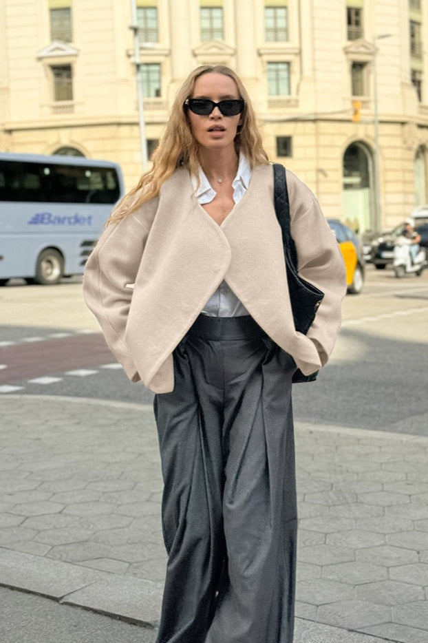 Khaki V Neck Asymmetric Wool Blend Coat Main image