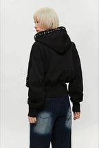 Pearl Detail Cropped Fitted Zip-Up Hoodie
