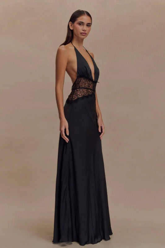 Deep V High-Waist Halter Backless Midi Silk Dress Secondary image