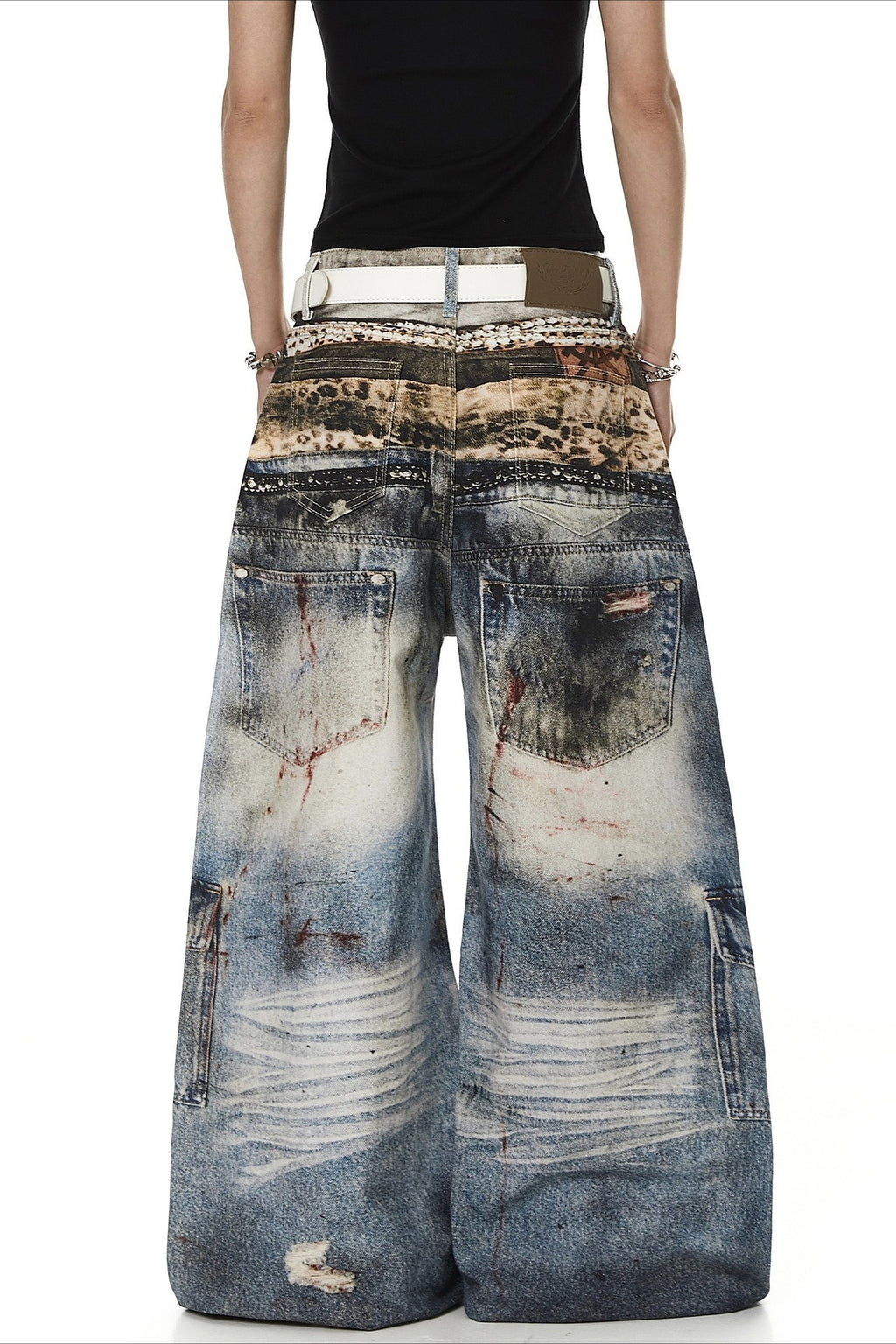 Double Waist Chain Print Wide Leg Jeans