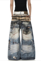 Double Waist Chain Print Wide Leg Jeans