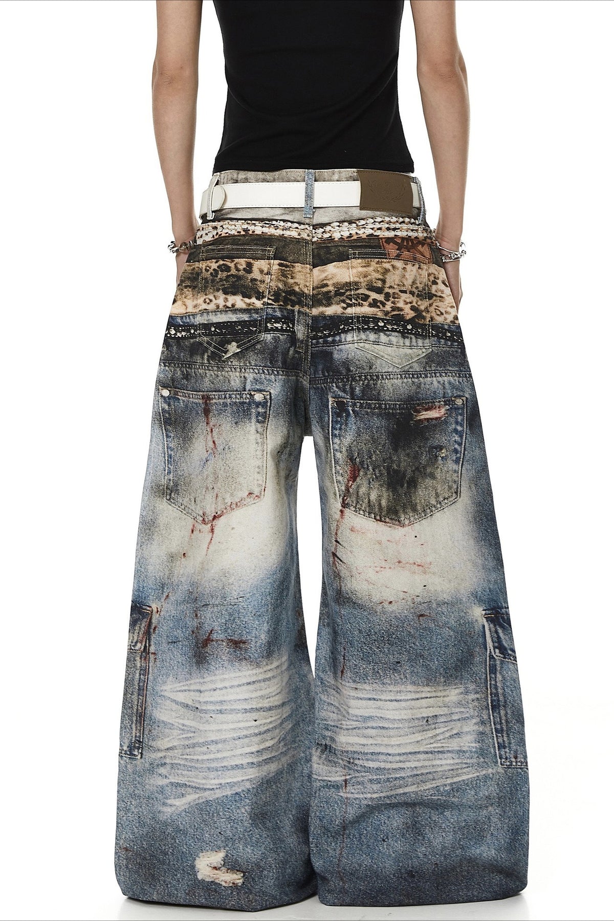Double Waist Chain Print Wide Leg Jeans