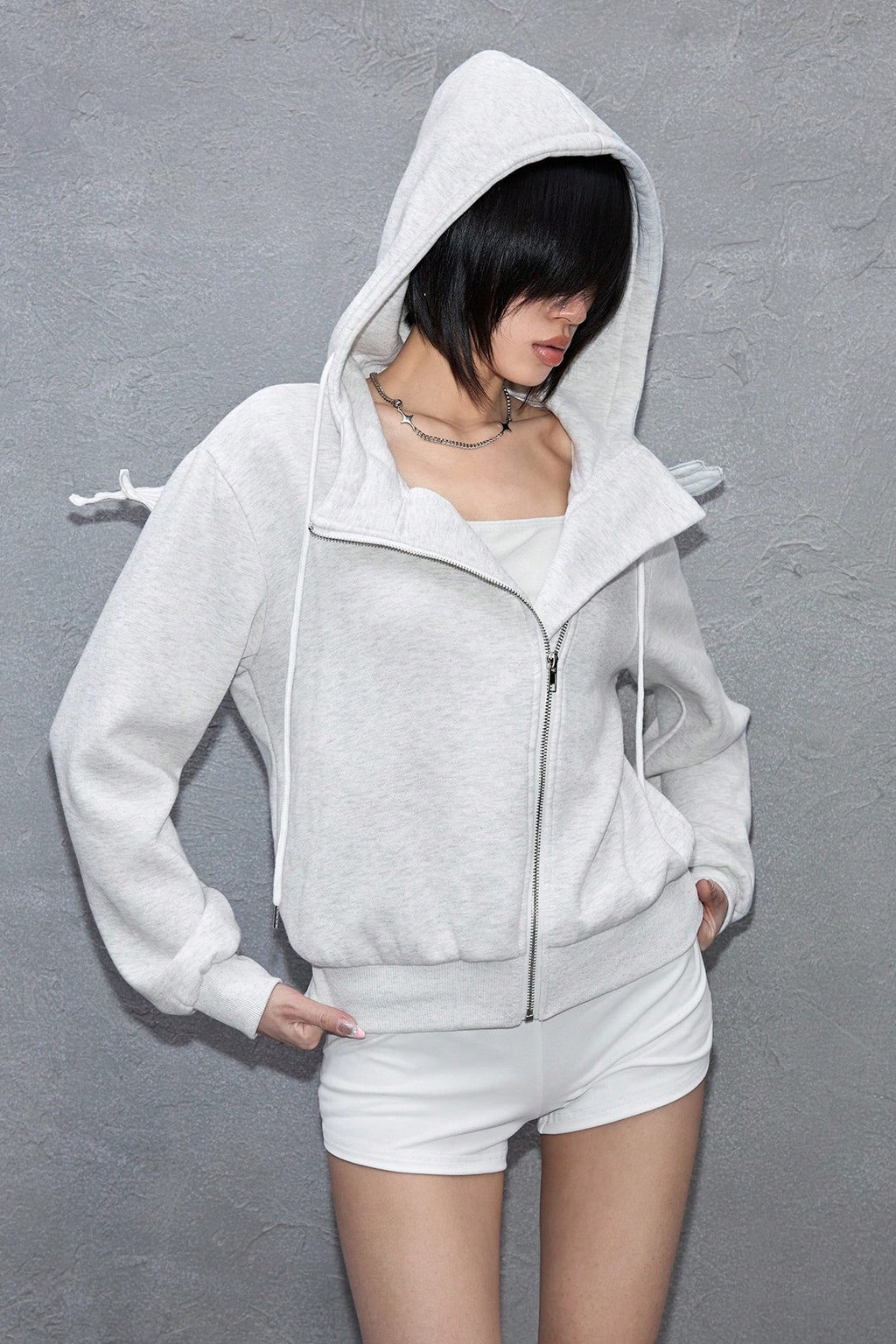 Angel Wing Applique Asymmetric Zip Hoodie