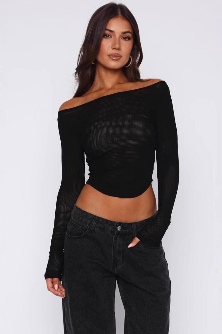 Solid Off Shoulder Sheer Mesh Crop Top Main image