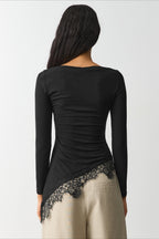 Side Ruched Asymmetric Lace Hem T-shirts