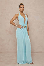 Deep V Metal Ring Ruched Party Dress