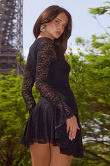 V Neck Bell Sleeve Pleated Mini Lace Dress