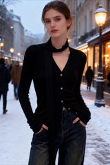 Draped Collar Textured Knit Top