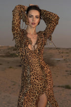 Leopard Chiffon Ruffle Long Sleeve Party Dress