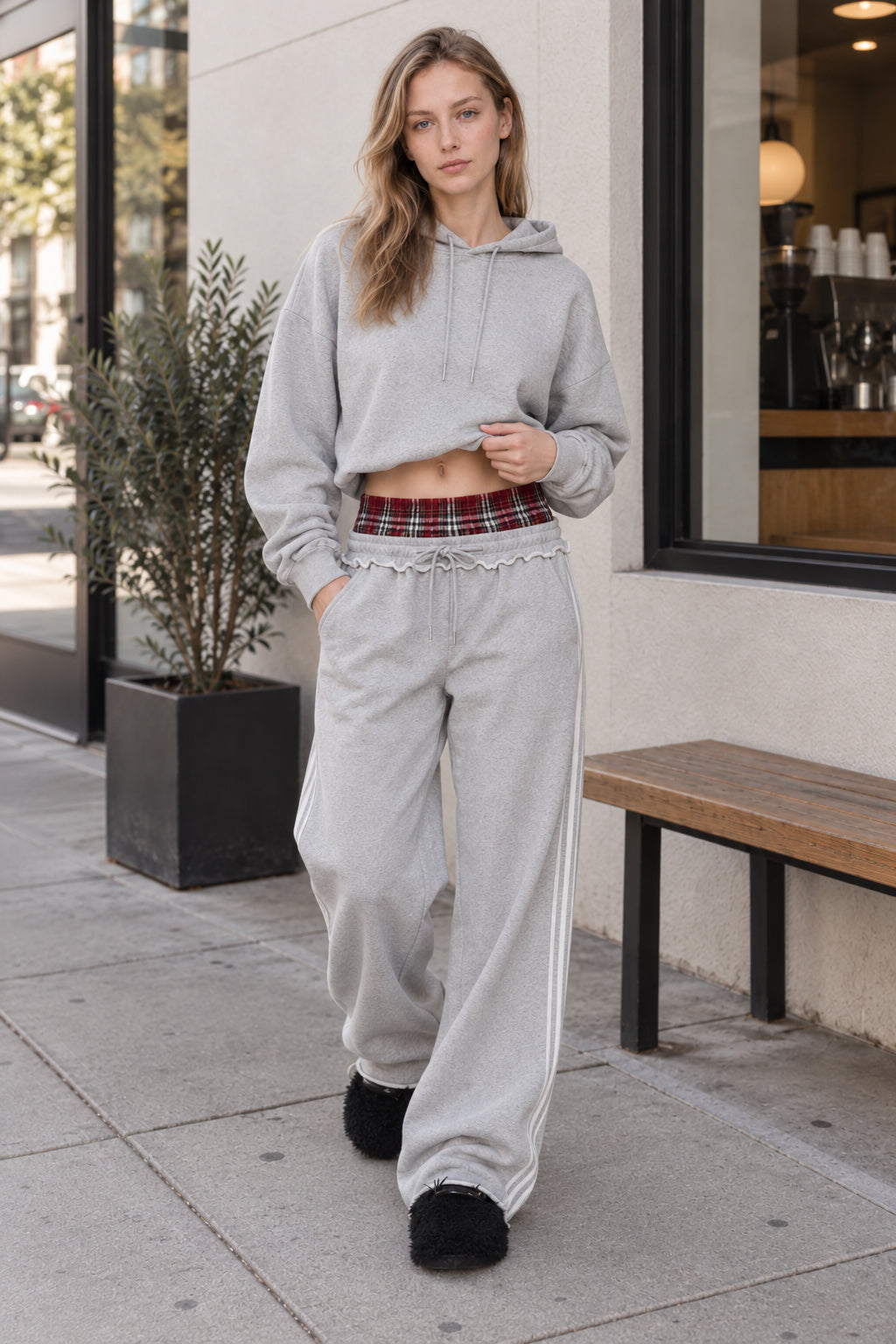 Stripe Plaid Panel Double Waist Wide Leg Pants Main image
