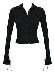 Long Sleeve Casual Turn-Down Collar Button-Down Knit Top