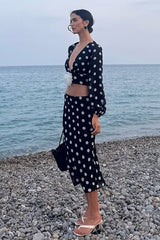 Polka Dot V-Neck Crop Skirt Two Pieces Set