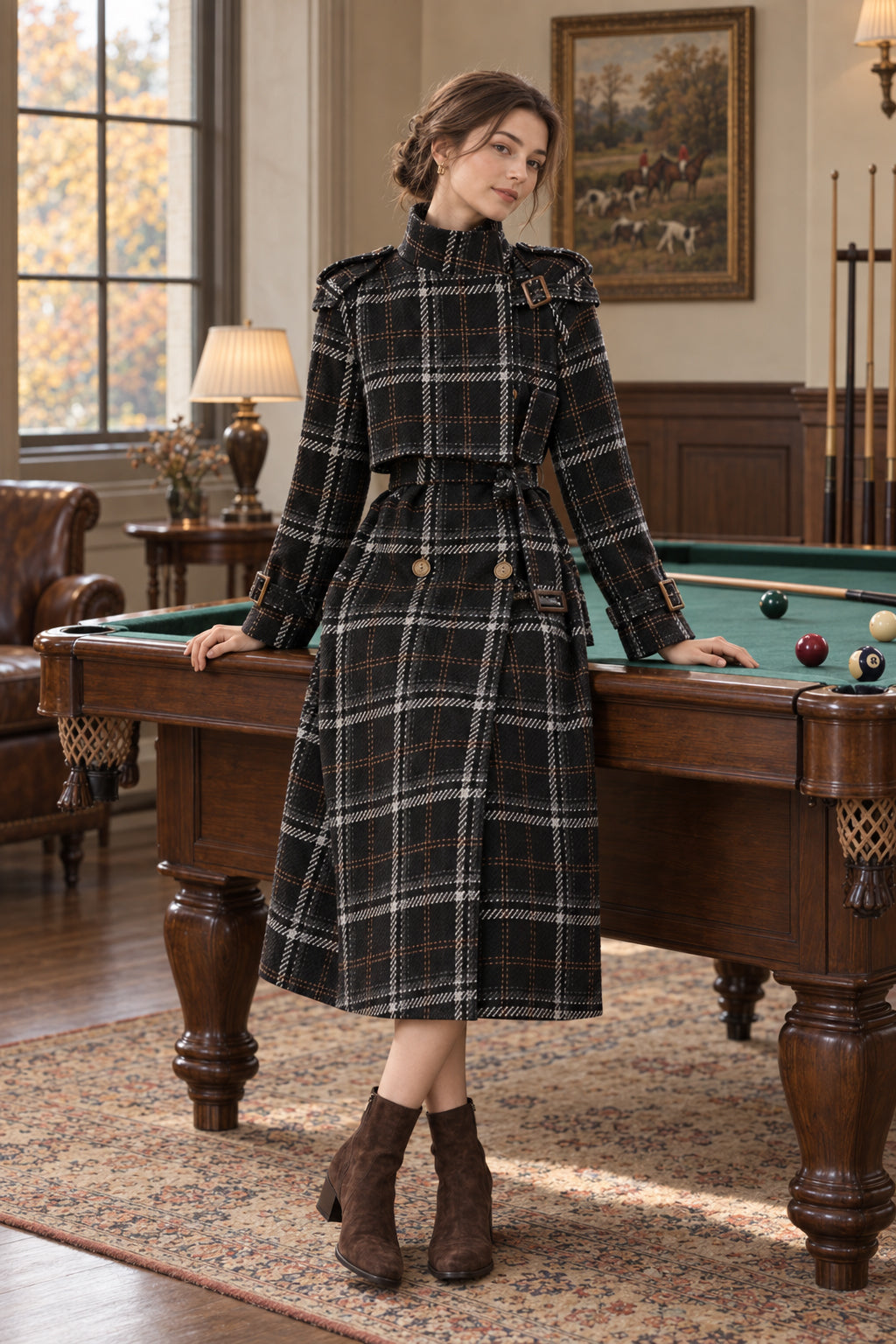 Autumn Winter Long Loose Warm Plaid Wool Blends Sleeve Belt Double Breasted Woolen Stylish Coat