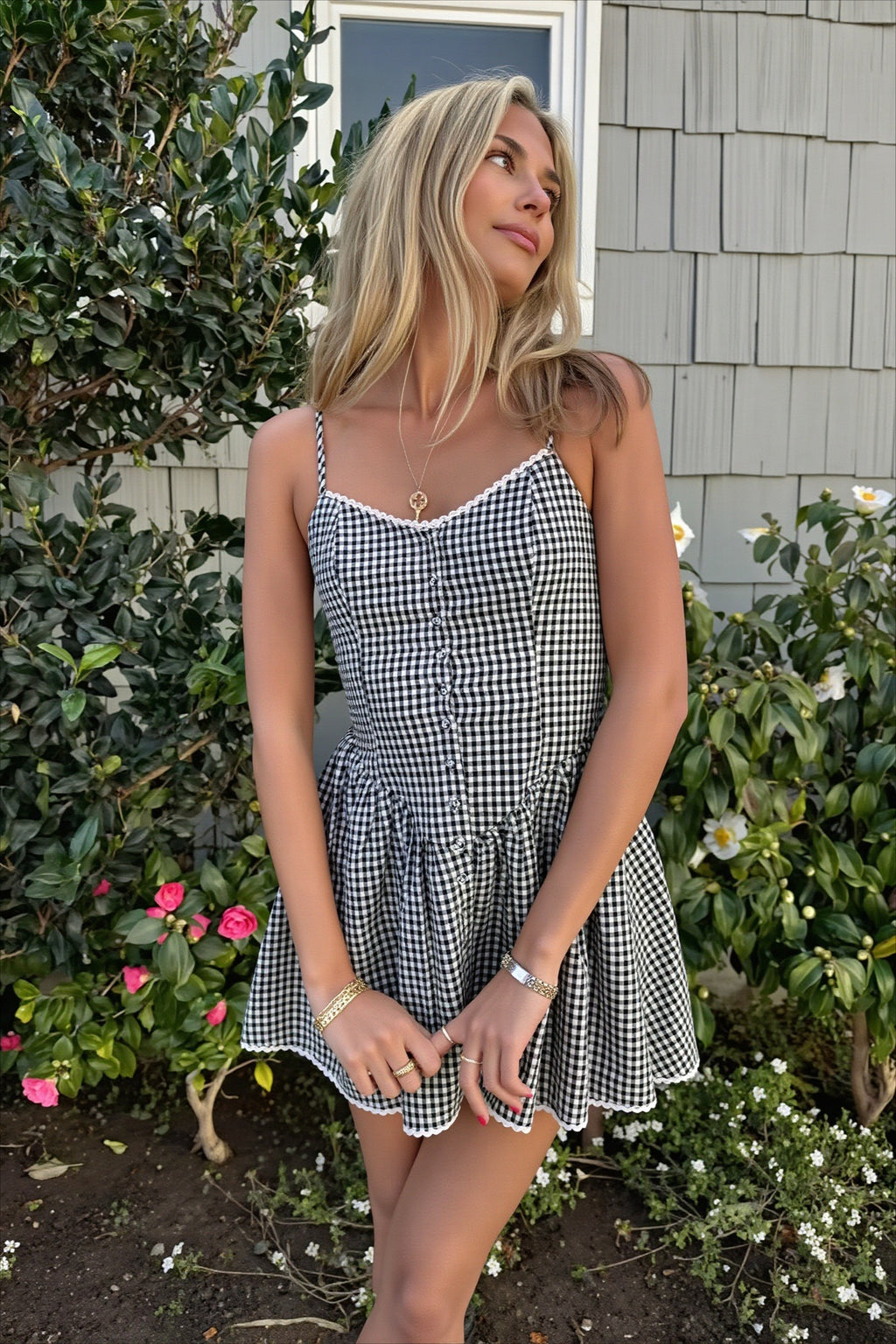 Plaid Lace Trim Button Cami Mini Dress