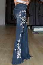 Floral Embroidered Washed Slim Flare Jeans