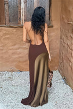 Color Block Satin Halter Maxi Dress