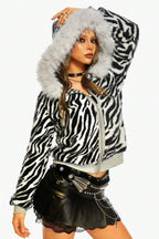 Zebra Faux Fur Trim Zip Hoodie