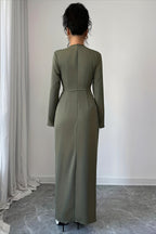 Solid V-Neck Ruched Waist Slit Buckle Work Dress