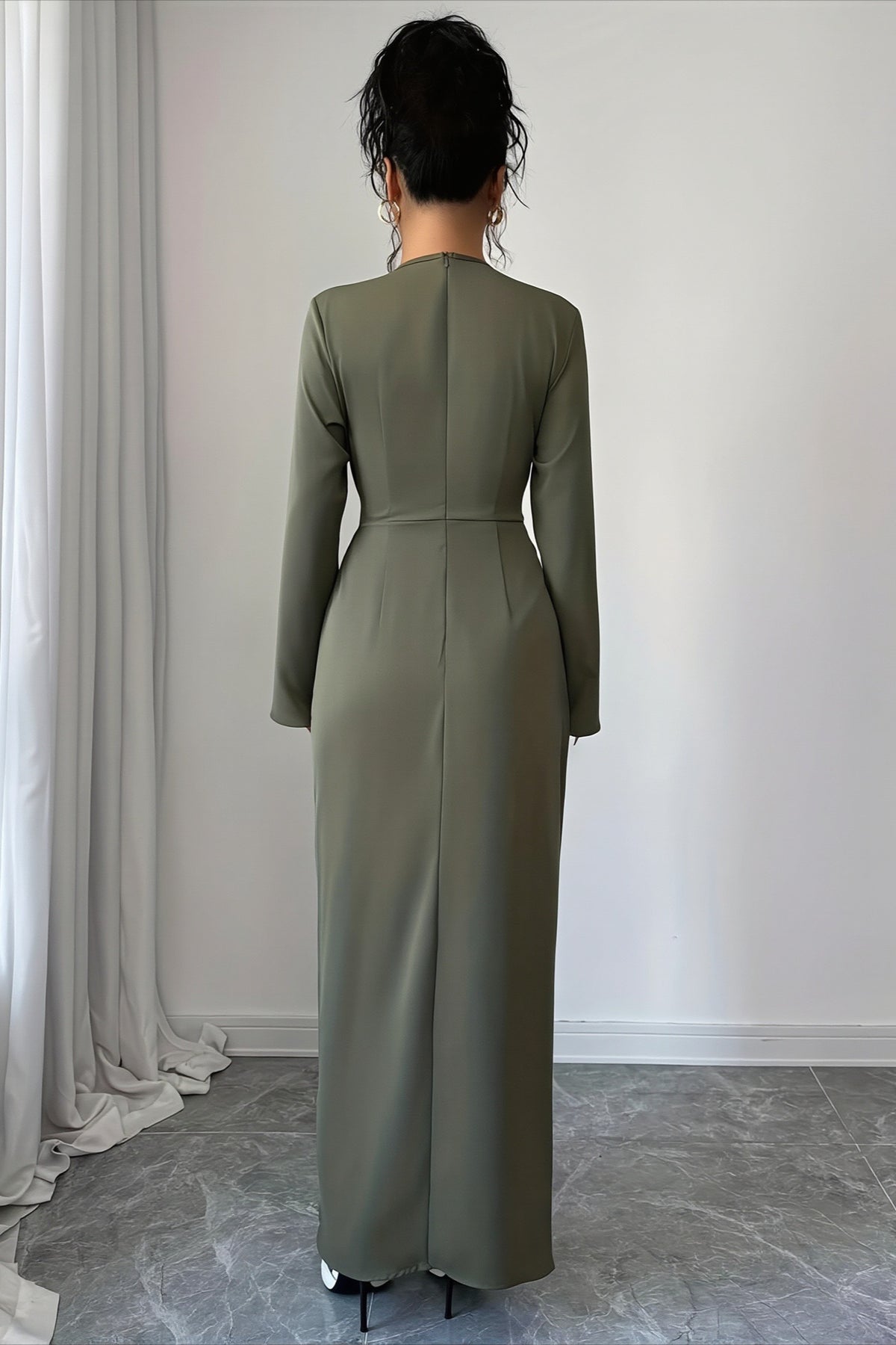Solid V-Neck Ruched Waist Slit Buckle Work Dress