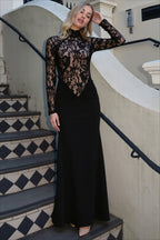High Neck Sheer Lace Panel Maxi Dress
