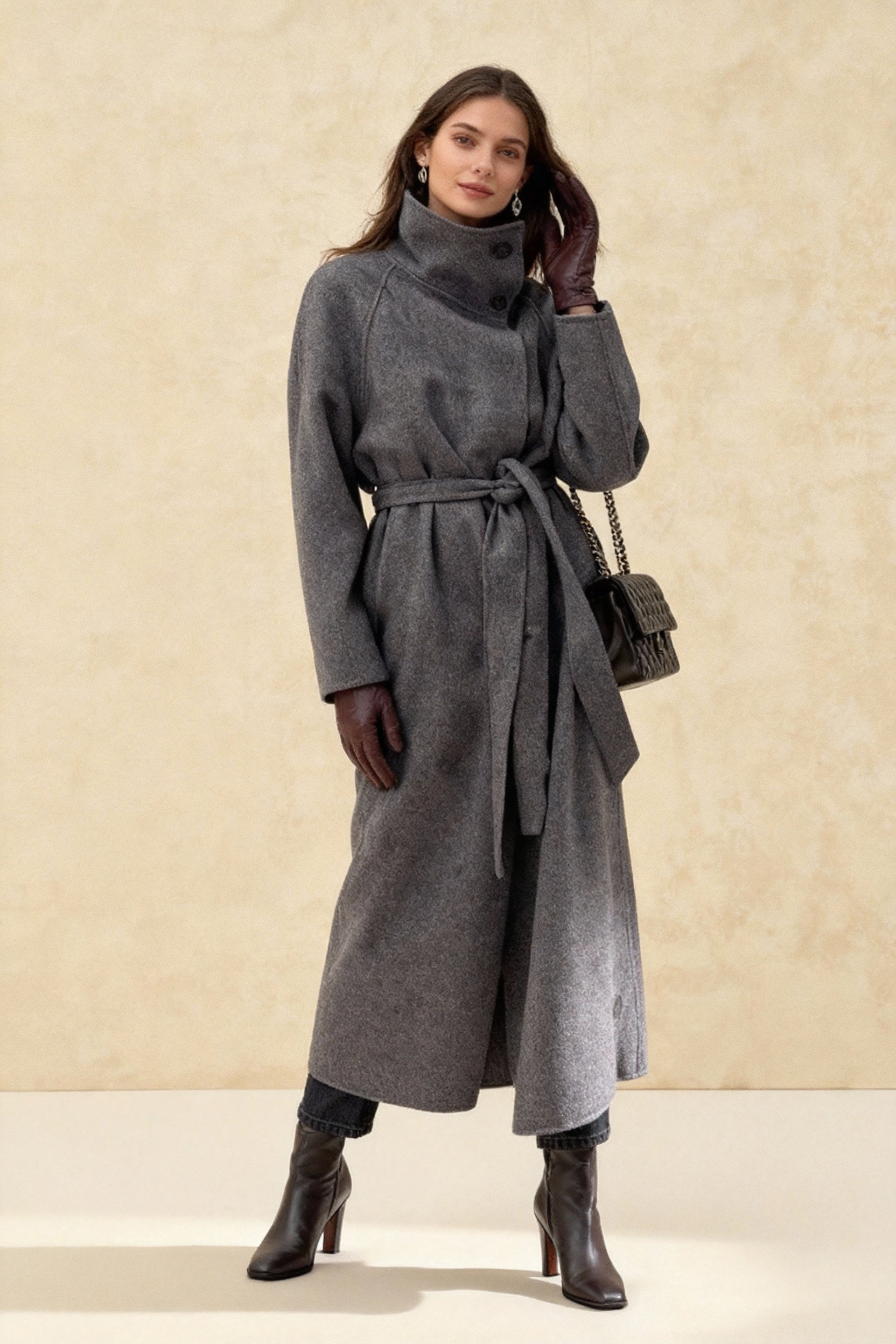 Grey High Collar Long Woolen Coat Secondary image