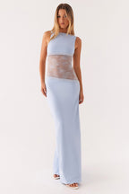 Sheer Lace Satin Panel Backless Fit Lace Dress