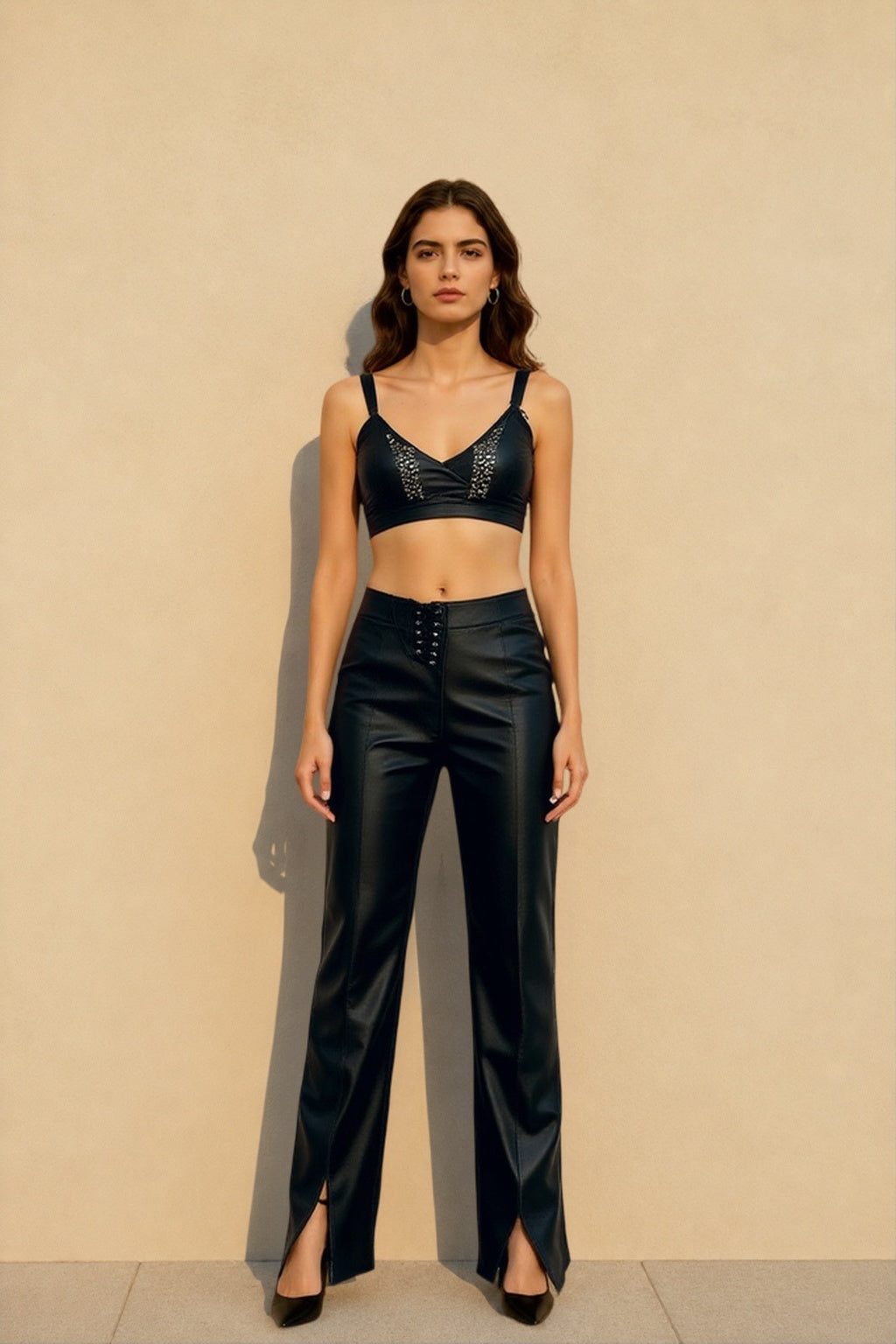 Low Waist PU Leather Slim Lace Up Hem Split Floor-Length Clubwear Pants Main image