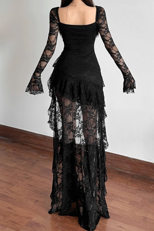 Long Sleeve Irregular Hem Lace Dress Secondary image