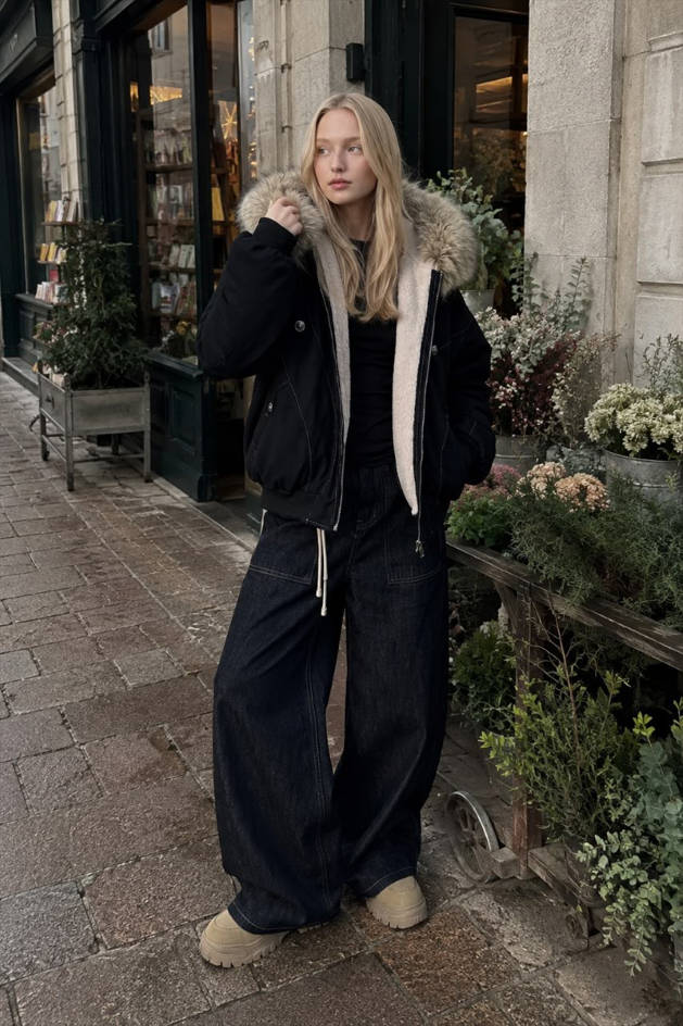 Black Short Puffer Fur Collar Jacket Main image