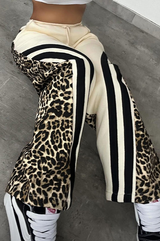 Leopard Print Stripe Color Block High Waist Loose Pants Secondary image