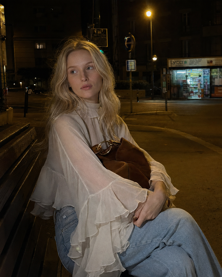 Chiffon Tiered Ruffle Long Sleeve Crop Blouse Secondary image