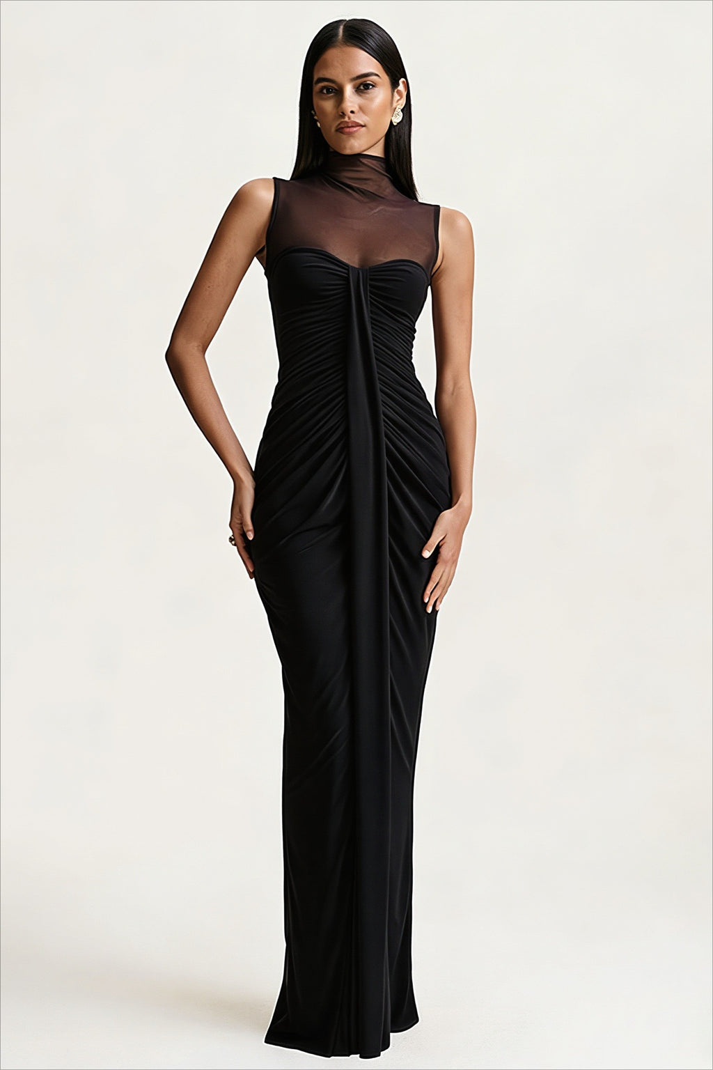 High Neck Mesh Panel Ruched Party Dress