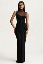 High Neck Mesh Panel Ruched Party Dress