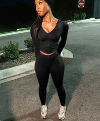 Sporty Zip Hooded Two Piece Pants Set