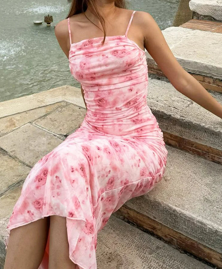 Ruched Spaghetti Strap Backless Floral Dress Secondary image