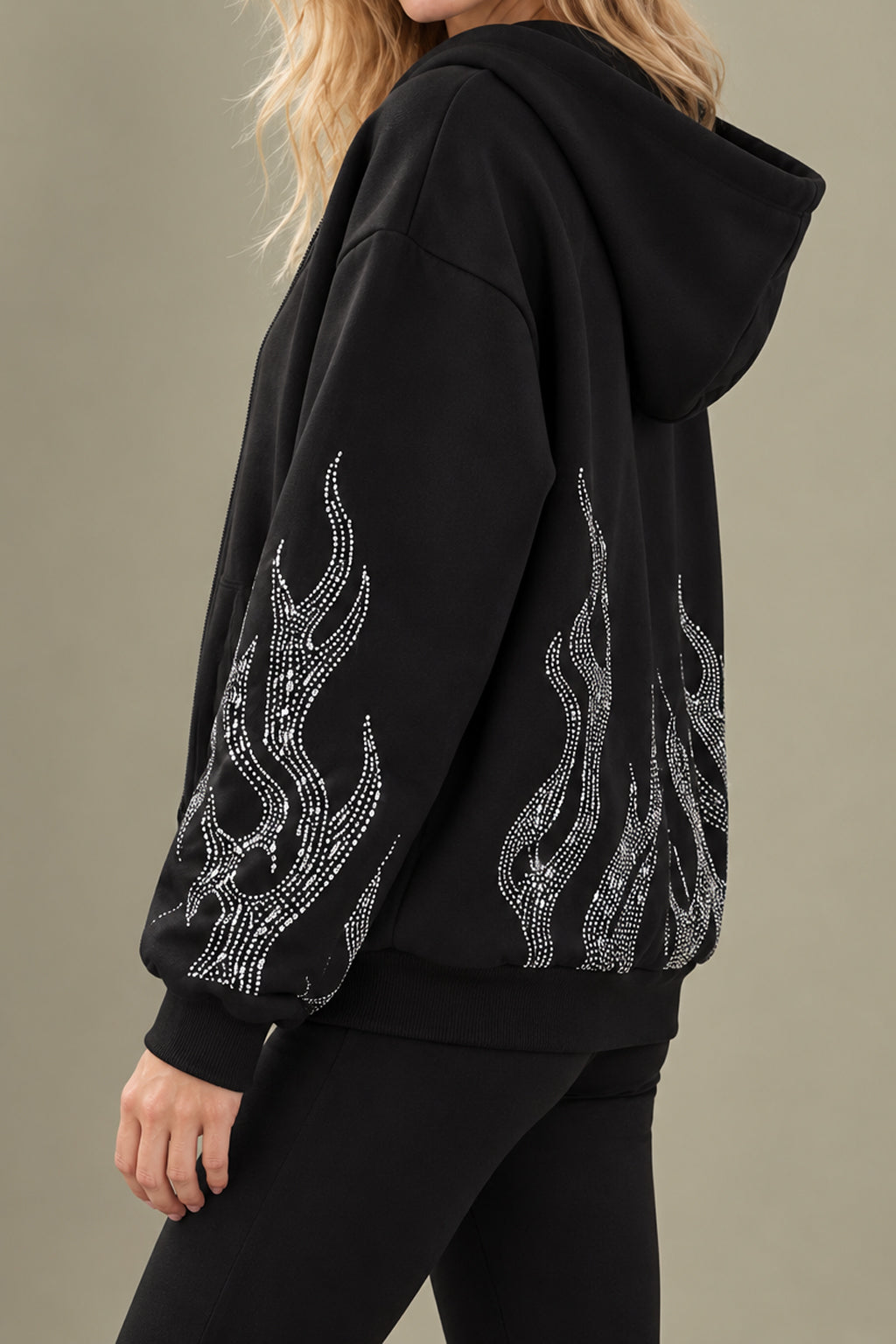 Rhinestone Flame Zip Hoodie