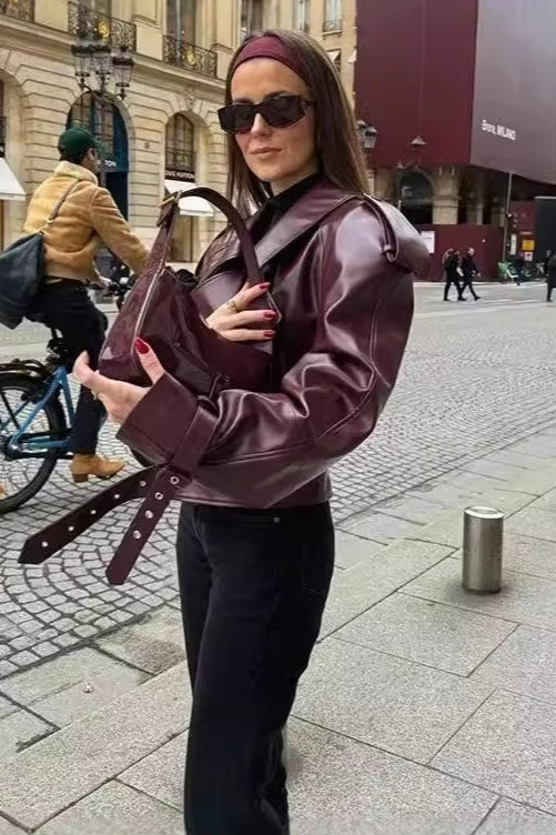 Retro Notch Lapel Vegan Leather Coat Secondary image