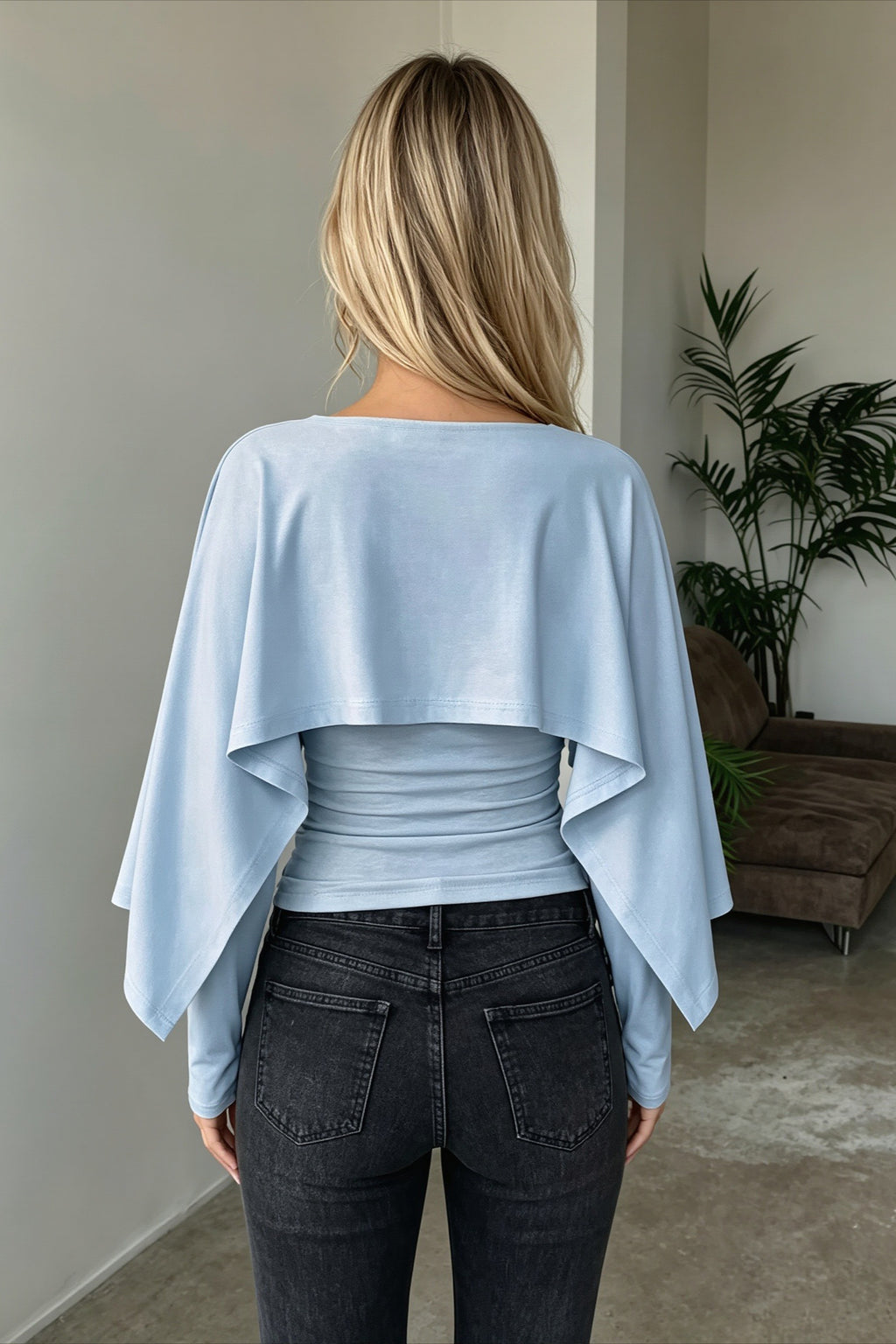 Layered Cape Overlay Ruched Long Sleeve T-shirts