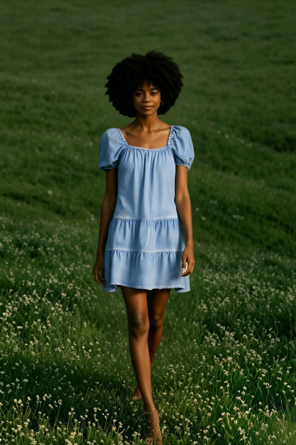 Short Sleeve Tiered Denim Dress