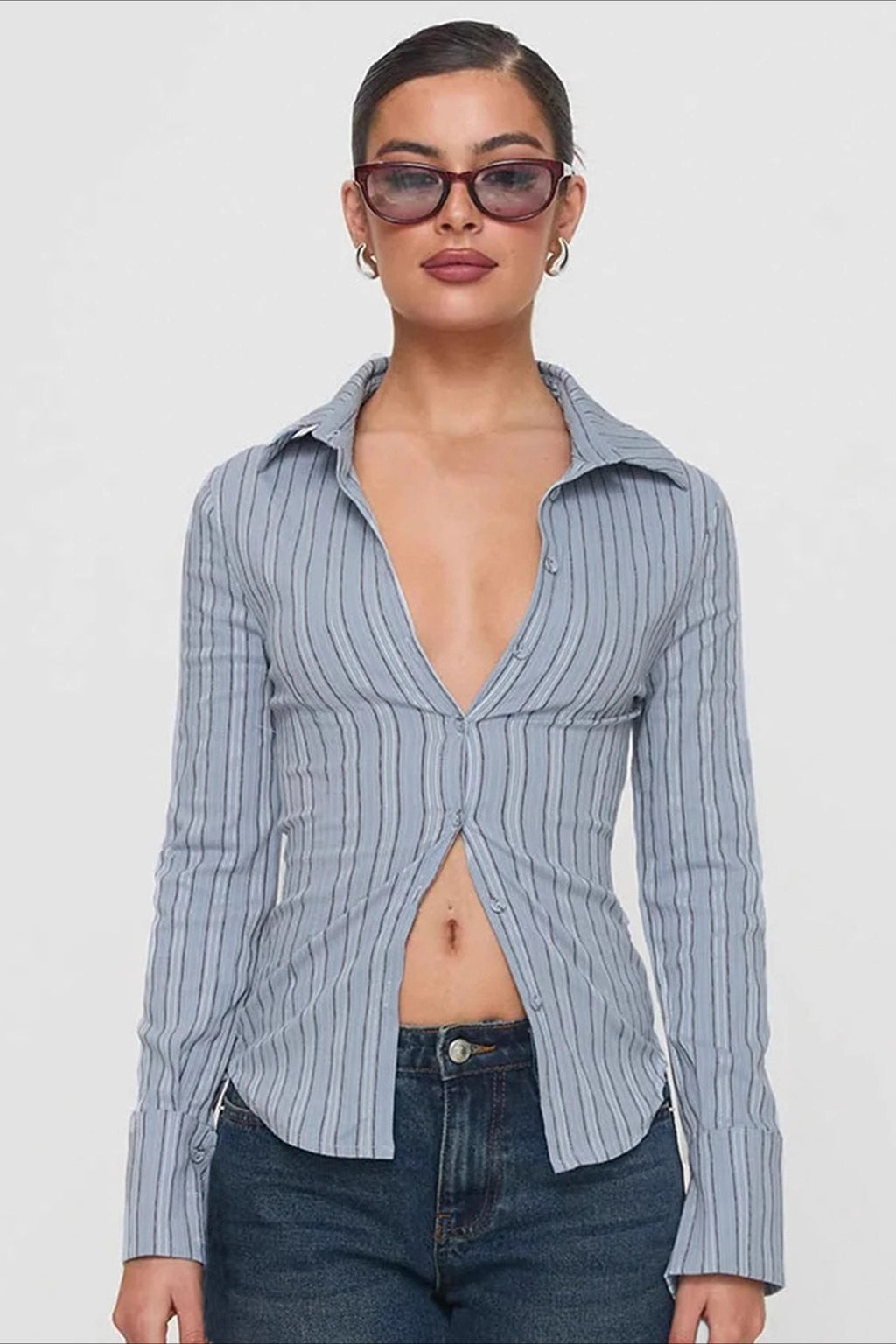 Office Button Down Striped Long Sleeve Top
