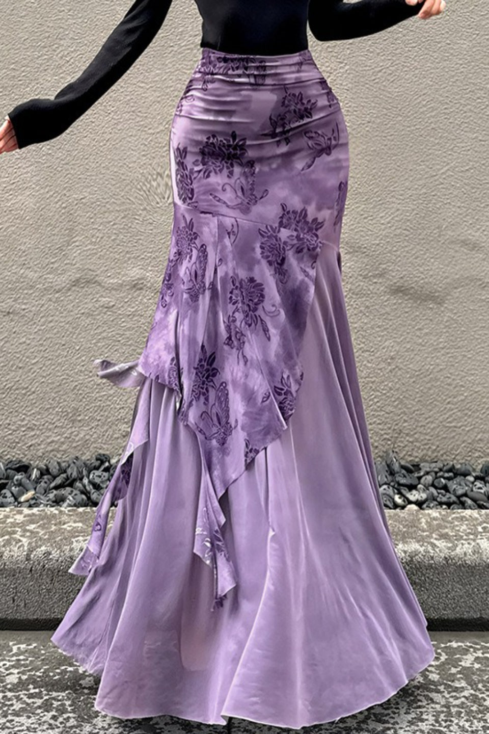 Vintage Floral Print Ruched Maxi Skirt