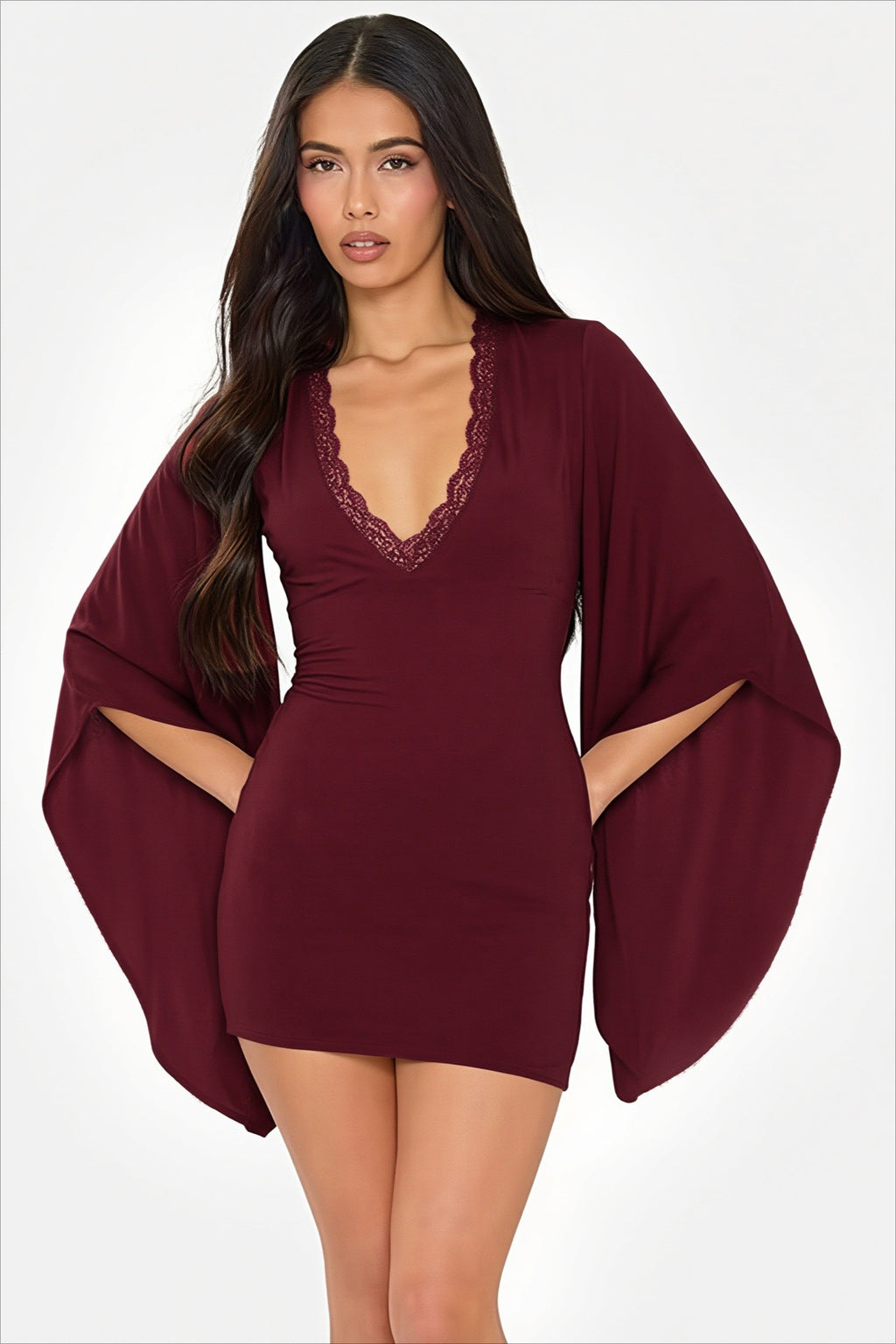 Lace Trim Flared Sleeve Fitted Mini Party Dress