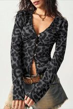 Leopard Print Mesh Button Front Crop Top