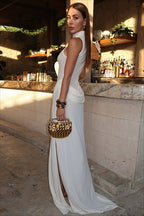 High Neck Shoulder Applique Split Maxi Dress