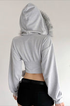 Faux Fur Trim Cropped Gray Zip Hoodie
