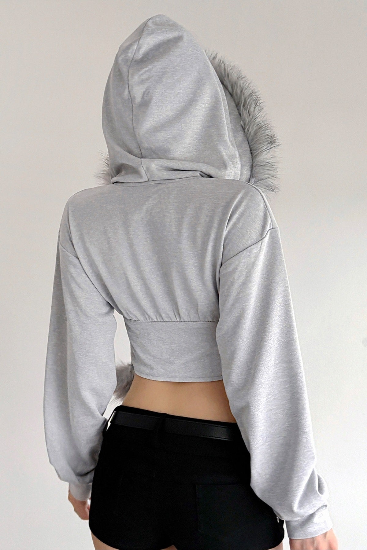 Faux Fur Trim Cropped Gray Zip Hoodie