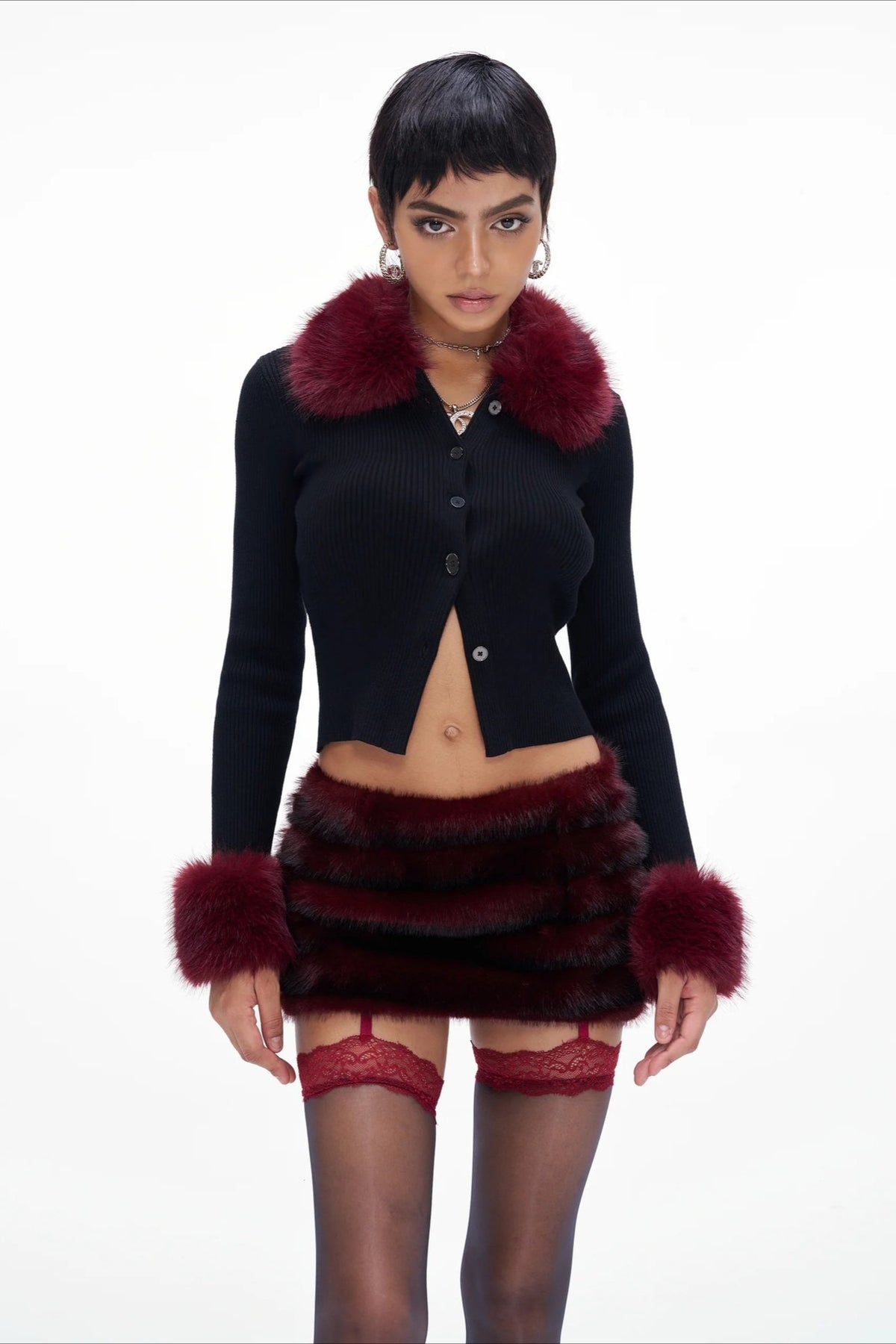Faux Fur Trim Button Cropped Knit Top Main image