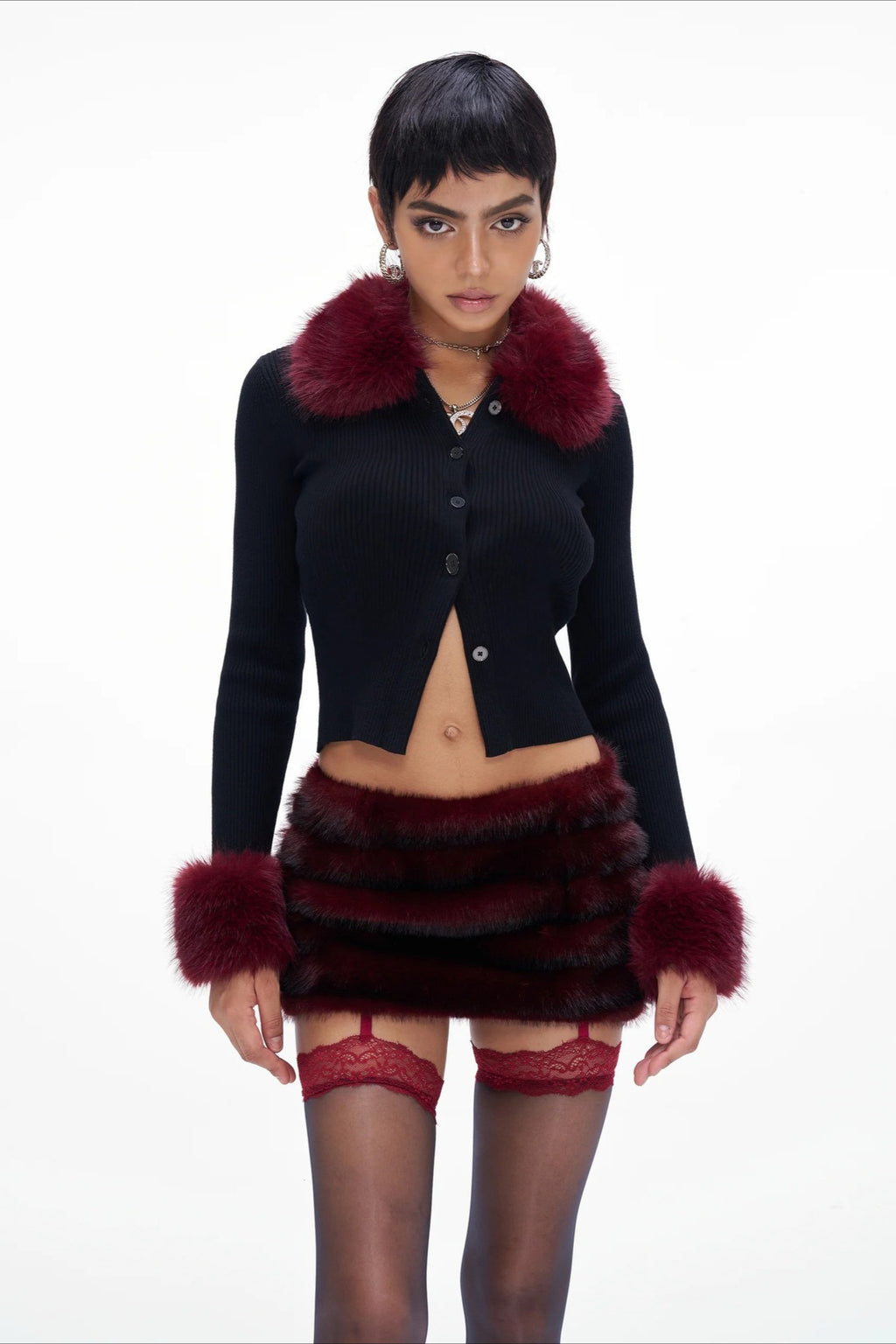 Faux Fur Trim Button Cropped Knit Top