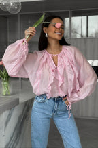 Ruffle Front Balloon Sleeve Loose Fit Blouse