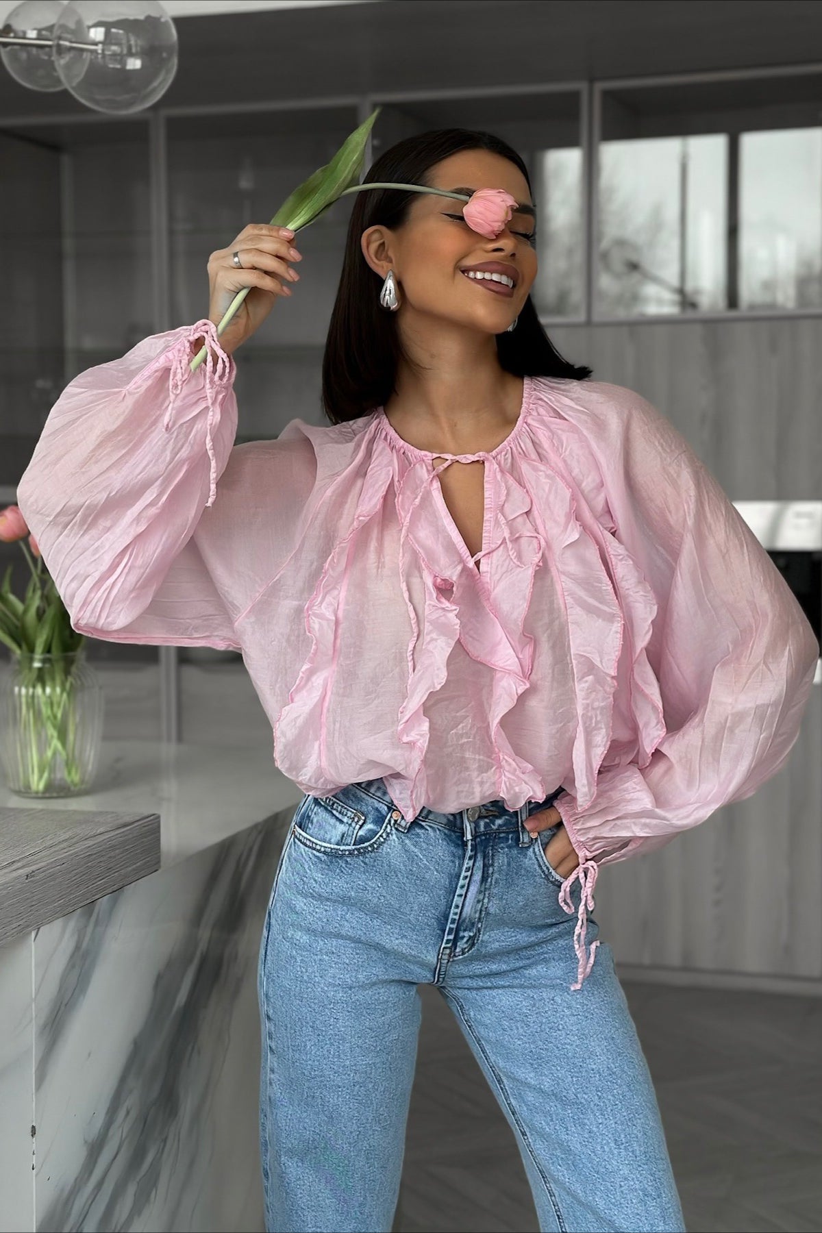 Ruffle Front Balloon Sleeve Loose Fit Blouse